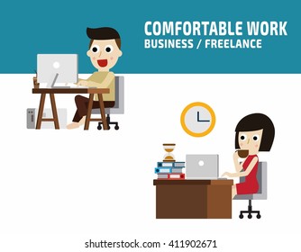 freelance working. flat cute cartoon design illustration. isolated on white background.