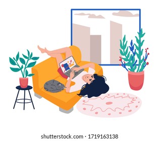 Freelance working at home or online learning concept flat style illustration. Young woman freelancer working on laptop at home with cat. People at home in quarantine.