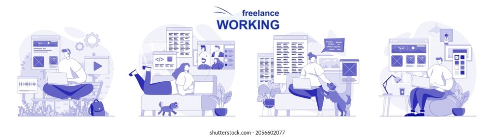 Freelance working isolated set in flat design. People dong remote work on laptops from home office, collection of scenes. Vector illustration for blogging, website, mobile app, promotional materials.