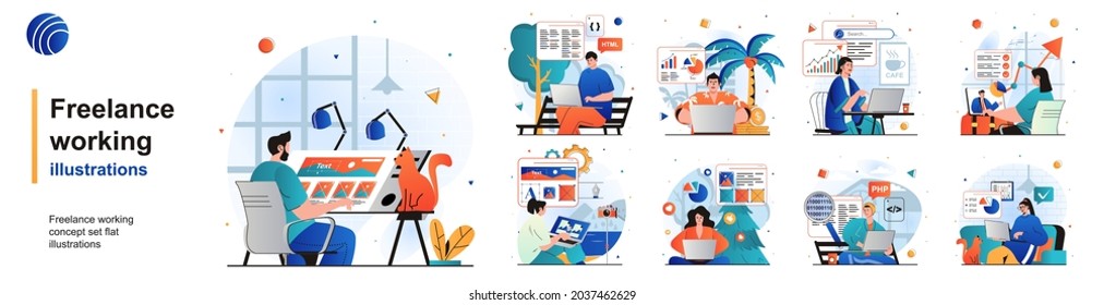 Freelance working isolated set. Remote employees with laptops in home offices. People collection of scenes in flat design. Vector illustration for blogging, website, mobile app, promotional materials.