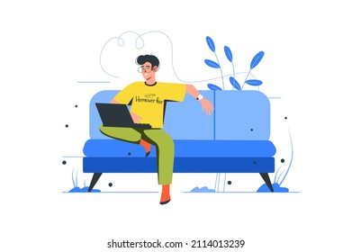 Freelance working modern flat concept. Happy homeworker with laptop sitting on sofa and doing work tasks online. Freelancer work from home. Vector illustration with people scene for web banner design