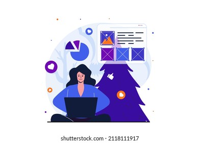 Freelance working modern flat concept for web banner design. Woman designer analyzes data and develops website layout using laptop, working remotely. Vector illustration with isolated people scene