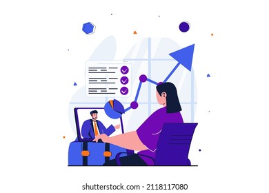 Freelance working modern flat concept for web banner design. Woman talking with colleague in video conference, discussing date graph and working online. Vector illustration with isolated people scene