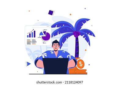 Diseño de banners web con diseño de diseño plano y de diseño independiente. Manager analiza datos y estadísticas de laptops mientras trabaja en línea desde islas tropicales. Ilustración vectorial con la escena de personas aisladas