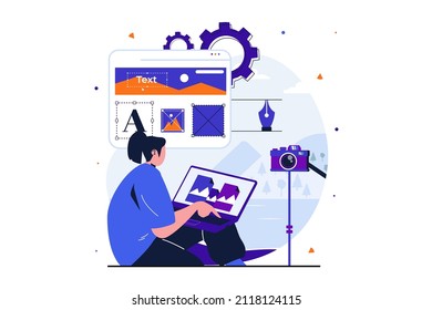 Freelance working modern flat concept for web banner design. Woman designer develops layout site, creates graphics and photos to fill page, works online. Vector illustration with isolated people scene