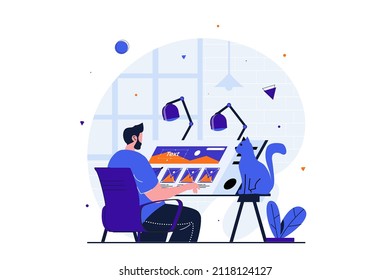Freelance working modern flat concept for web banner design. Male illustrator drawing images while sitting at tilting table with cat in home studio. Vector illustration with isolated people scene