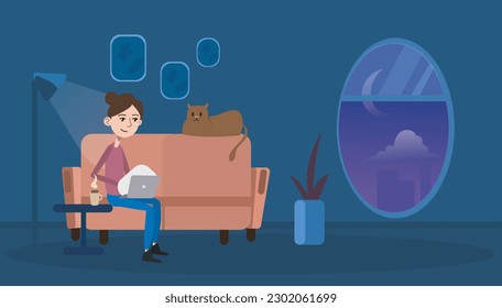 Freelance working on computer, Working online at home. young women, Flat vector.
