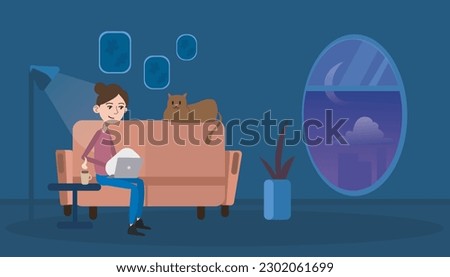Freelance working on computer, Working online at home. young women, Flat vector.