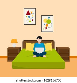 a freelance working on a mattress with a laptop to work at home illustration design