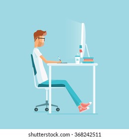 freelance  working on workplace.  web design. business character.people working in office
