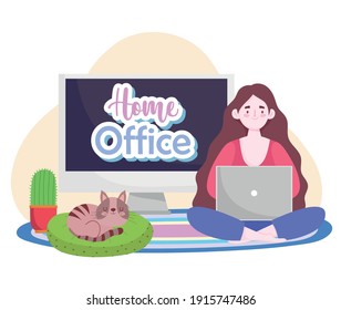 freelance working online sitting on the floor at the computer, home office vector illustration