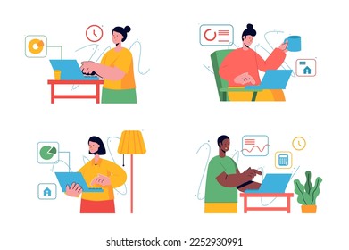 Freelance working set concept with people scene in the flat cartoon style. People work at home and earn money completing tasks on a laptop. Vector illustration.