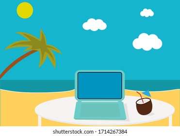 Freelance.  Working space on the tropical island with laptop and cocktail