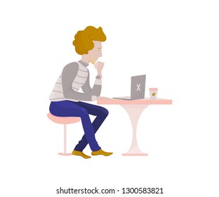 Freelance working vector illustration. Young freelancer man is working at his laptop in modern coworking office. Freelance journalist guy or professional blogger specialist sitting and analyzing data.