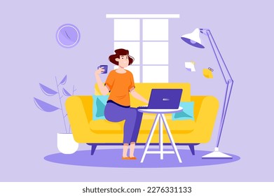Freelance arbeitet violettes Konzept mit Menschen Szene in der flachen Cartoon-Design. Eine Frau arbeitet zu Hause auf einem Laptop und verdient Geld. Vektorgrafik.