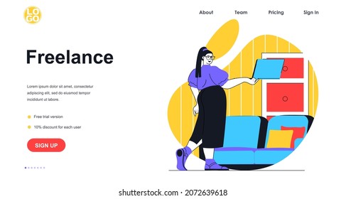 Freelance working web banner concept. Woman remote worker performs tasks on laptop from online home office. Freelancer job landing page template. Vector illustration with people scene in flat design