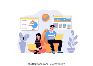 Freelance working web concept with cartoon people design. Woman making data analysis at laptop and man designing webpage while sits in armchair. Flat vector illustration isolated on white background.