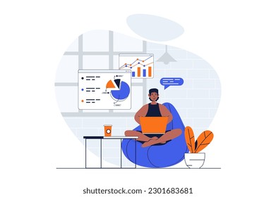 Concepto web de trabajo independiente con escena de personajes. Hombre haciendo reportes de datos mientras está sentado en la silla en casa. La gente se encuentra en un diseño plano. Ilustración vectorial para material de marketing en medios sociales.