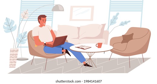 Freelance-Webkonzept im flachen Stil. Der Mensch arbeitet auf einem Laptop, der auf einem Sofa im Wohnzimmer sitzt. Komfortabler Arbeitsplatz. People-Charakter-Szene. Vektorgrafik für Website-Vorlage