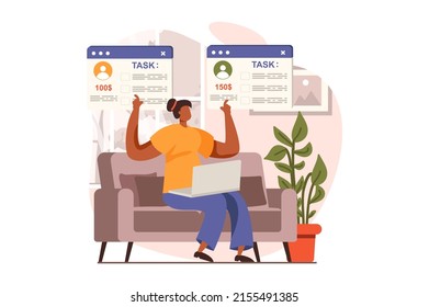 Freelance working web concept in flat design. Woman choosing task with best price at website with job for freelancers. Remote worker doing tasks online at home. Vector illustration with people scene