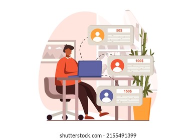 Freelance working web concept in flat design. Man choosing task with best price at website with job for freelancers. Remote worker doing tasks online at home. Vector illustration with people scene