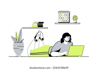 Freelance working web concept with flat cartoon people for website design. Woman working at laptop from home office, relaxing and doing job tasks online, making outsource work. Vector illustration.