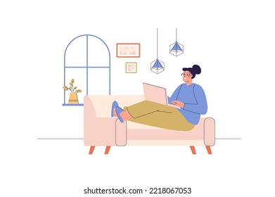 Freelance working web concept with people scene. Woman working remotely as designer and making task using laptop while sitting at sofa at home. Character situation in flat design. Vector illustration.