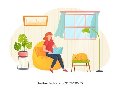 Freelance workplace flat concept people scene. Woman working at laptop while sitting in armchair with sleepy cat in cozy room. Remote worker in home office. Vector illustration for web banner design