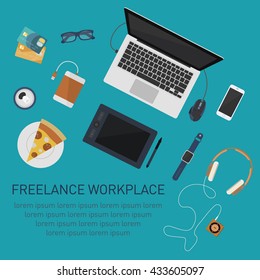 Freelance workplace flat design. Gadget elements flat lay. Vector set of technology items. Vector background.