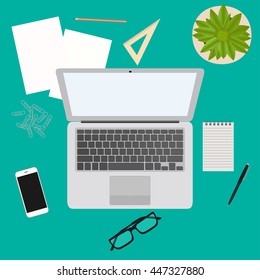 Freelance workplace flat design. Gadget elements flat lay. Vector set of technology items. Vector background.