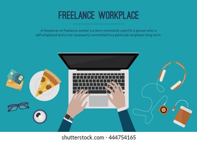 Freelance workplace. Flat vector illustration with workplace items and electronic devices. Freelancer working place. Business concept flat design.