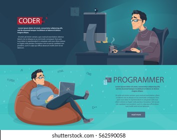 Freelance workplace horizontal banners with working programmers on laptops at home vector illustration