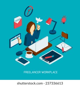 Freelance workplace isometric concept with freelancer laptop and business gadgets vector illustration