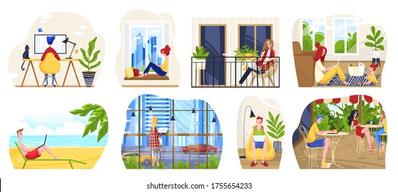 Freelance workplace vector illustration. Cartoon flat freelancer people sitting with laptop at home office room interior, modern cafe or beach and working. Remote job, work space isolated on white