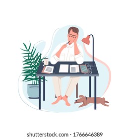 Freelance writer flat color vector faceless character. Man sit at desk. Male author write novel. Work at home. Creative hobby isolated cartoon illustration for web graphic design and animation