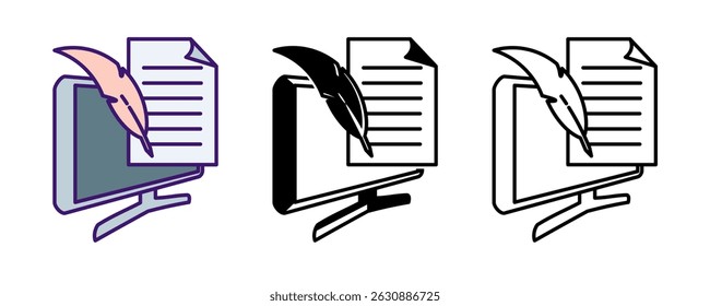Freelance Writer icon represented by quill, paper, computer Line, Filled, Color style.