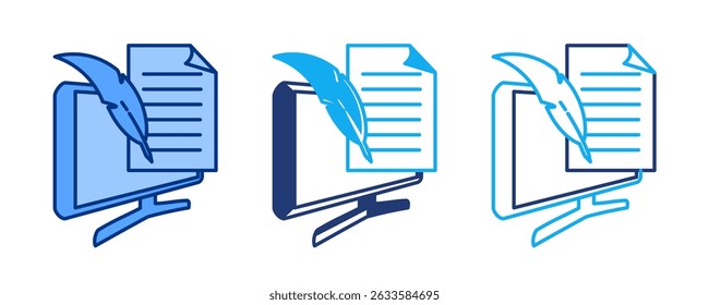 Freelance Writer ícone representado por quill, papel, computador Azul, Dualline, Dualtone estilo.