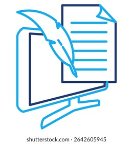 Freelance Writer ícone representado por quill, papel, computador Dual Line estilo.