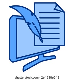 Freelance Writer ícone representado por quill, papel, computador Estilo azul.