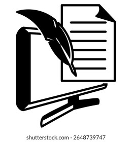 Ícone do Freelance Writer representado por pena, papel, computador estilo Black Filled.