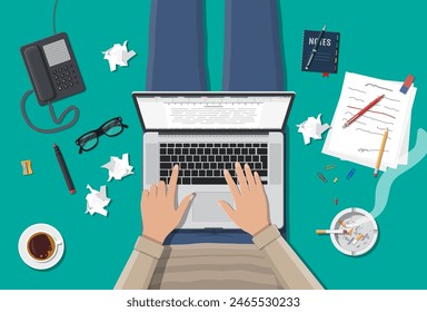 Freelance writer or journalist workplace. Laptop pc, draft, mouse. Paper sheets with text, pen, pencil. Ashtray, cigarette, coffee cup. Eyeglasses phone Vector illustration in flat style