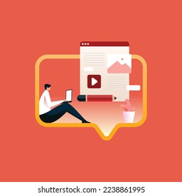 Freelance Writer with Laptop Creating Internet Content Illustration, Blog Author Writing Articles Vector Concept