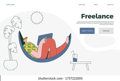 Freelance. Young man is lying with laptop in hammock. Concept of remote work in comfortable conditions, travels. Work at home  design landing.Home office page. Vector modern illustration