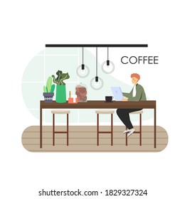 Freelance. Young man working from coffee shop, flat vector illustration. Cafe workplace. Freelancer male character working on laptop and drinking coffee sitting at table. Remote work, online learning.