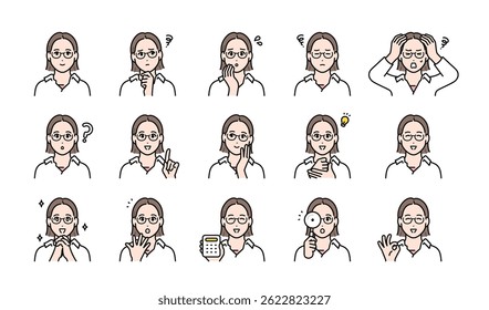 Freelance young woman facial expression illustration set