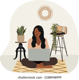 Freelance young woman work at home in comfortable conditions. Modern girl sitting on the floor with laptop in boho style room with a lot of plants. Realistic vector art illustration.
