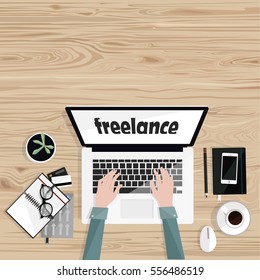 Freelance.Desktop with with isolated laptop, notebooks, coffee, glasses, credit card and freelancer's hands typing. Top view. Wood background. Vector flat illustration