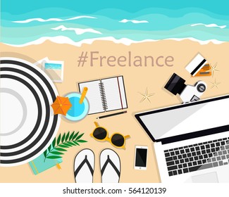 Freelance.Outdoor. Desktop with laptop, camera, sunglasses, credit cards, hat, slippers, cocktail, mobile, camera, pictures and credit cards on sand. Top view. Flat vector illustration.