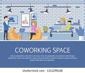 Freelancer Activity in Coworking Space Banner. Character Work, Rest and Study in Modern Open Area. Businesspeople Working by Laptop in Creative Shared Workplace. Flat Cartoon Vector Illustration