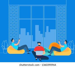 Freelancer Activity in Coworking Space. Characters Working, Rest and Study in Outline Interior Area. Businesspeople Working by Laptop in Creative Shared Workplace. Cartoon Flat Vector Illustration